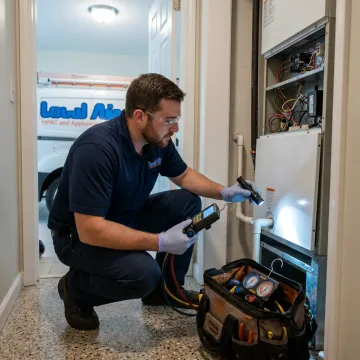 HVAC technician inspecting an indoor air handler