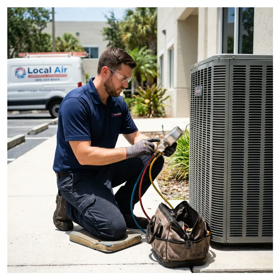 Technician testing commercial AC system