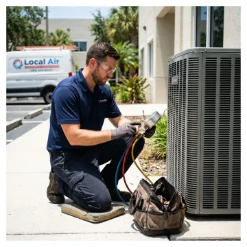 Technician testing commercial AC system
