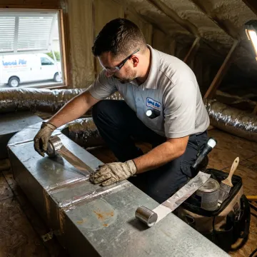HVAC technician sealing ductwork in a home attic