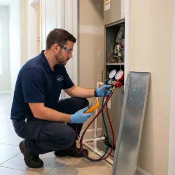 HVAC technician checking AC equipment during service visit