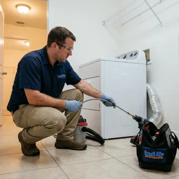 Technician inspecting a dryer vent line