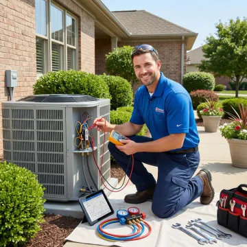 HVAC technician performing air conditioning system diagnostics and repair