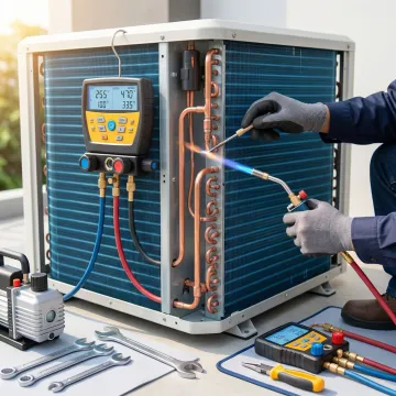 HVAC technician servicing air conditioning condenser unit with tools and equipment