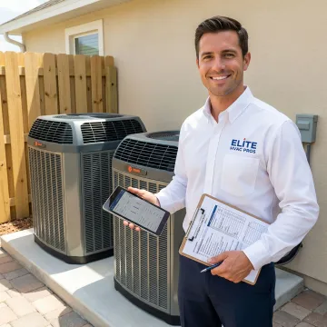 Commercial HVAC technician with clipboard reviewing maintenance checklist