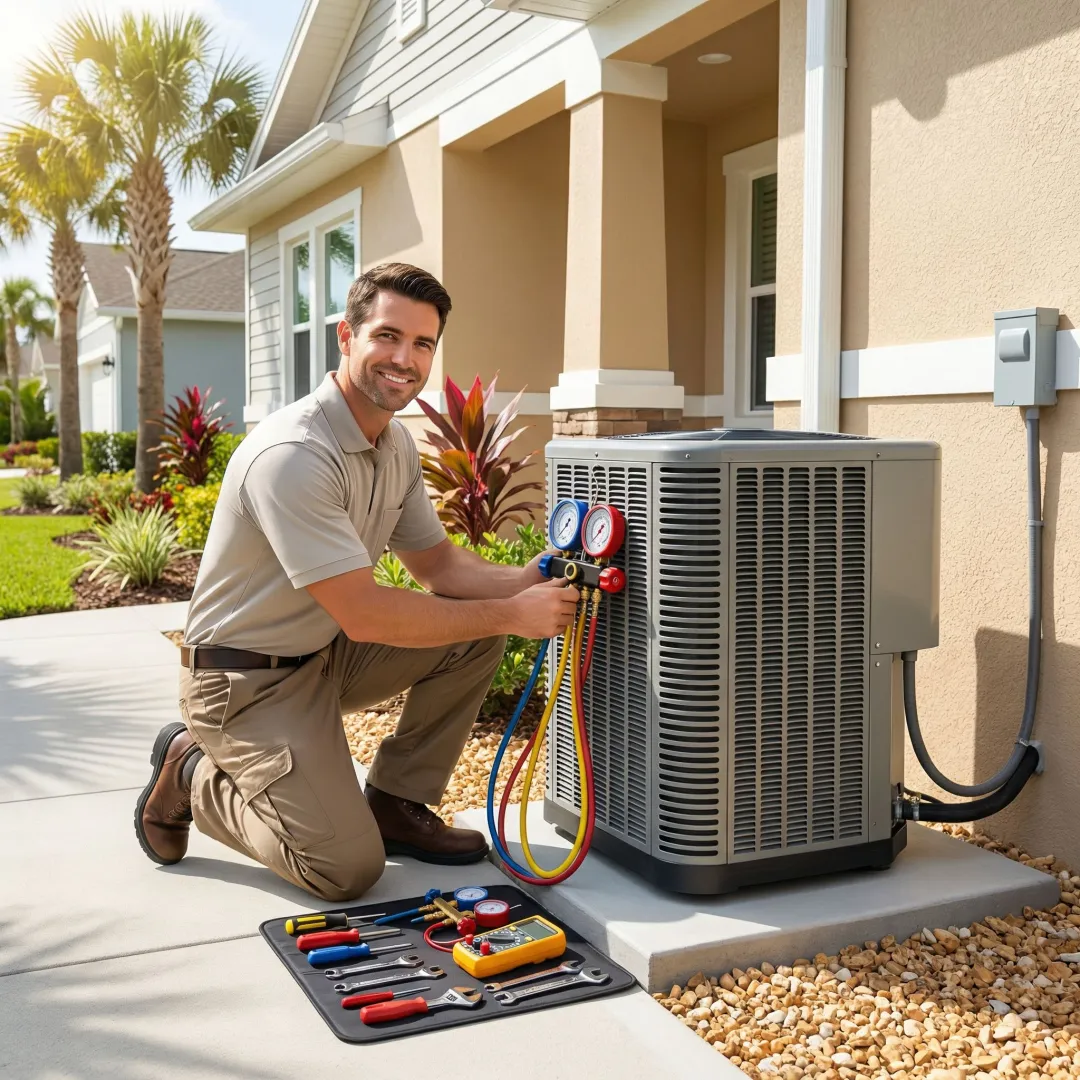 HVAC technician repairing residential air conditioning system with tools and equipment