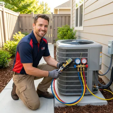 HVAC technician performing maintenance on residential AC unit