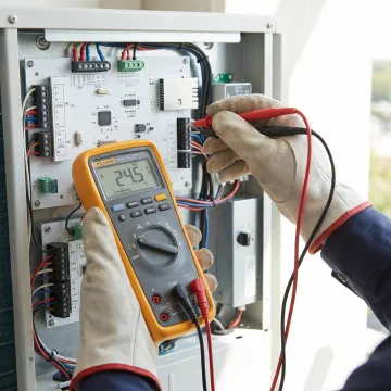 Close-up of HVAC technician's hands using diagnostic equipment on commercial AC unit