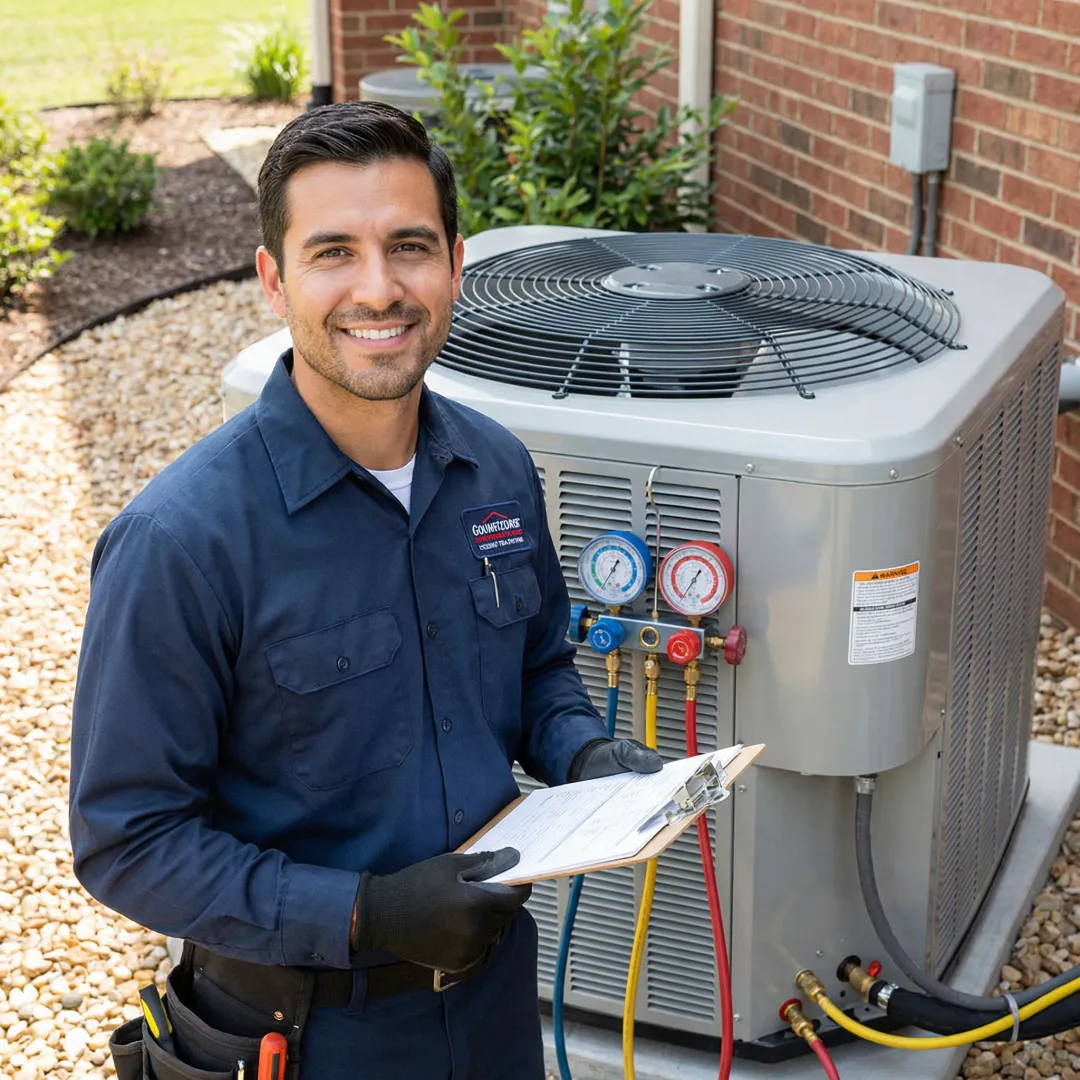 Technician performing multi-step commercial AC maintenance procedure with checklist