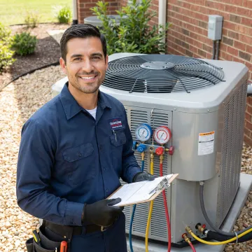 Technician performing multi-step commercial AC maintenance procedure with checklist