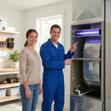 Technician demonstrating UV light installation steps to homeowner
