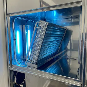 Close-up of UV-C germicidal light mounted inside AC air handler