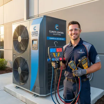 HVAC technician performing commercial air conditioning system diagnostics