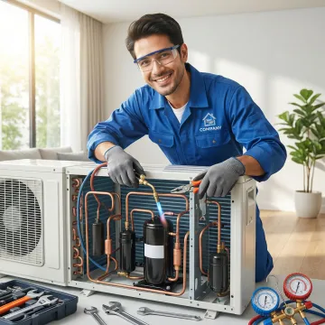 AC technician repairing indoor air handler unit in Florida home