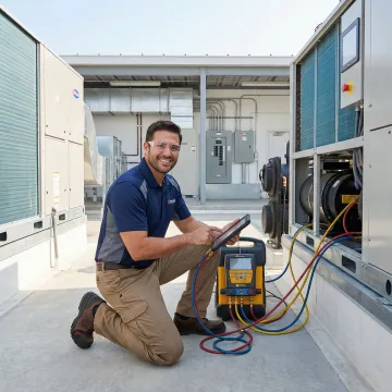 HVAC technician performing diagnostic testing on commercial air conditioning system