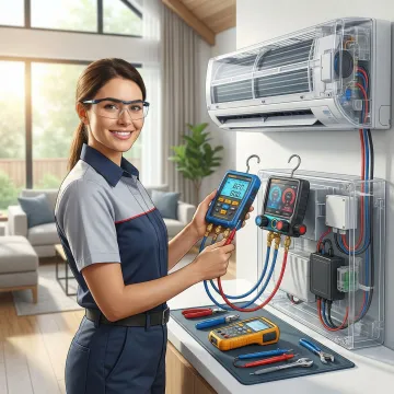 AC technician using diagnostic equipment to troubleshoot residential air conditioning system