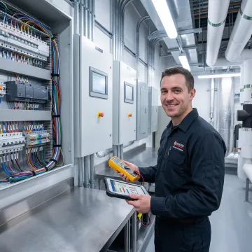 HVAC technician using diagnostic tools on commercial air conditioning system control panel