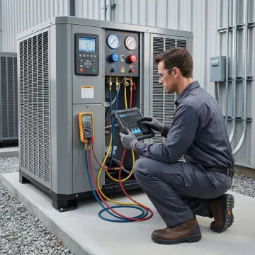 HVAC technician testing commercial air conditioning system with diagnostic equipment