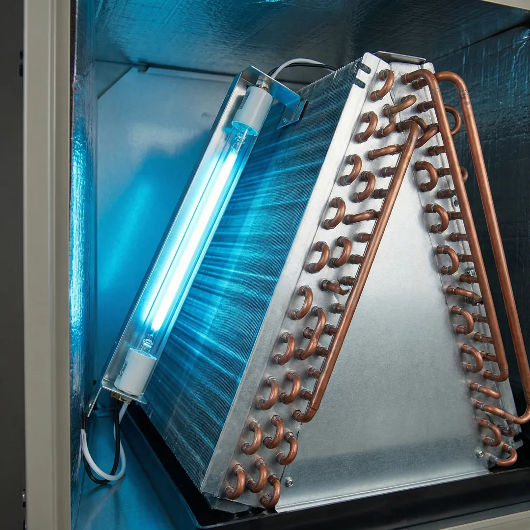 Close-up of UV-C light glowing blue inside HVAC air handler