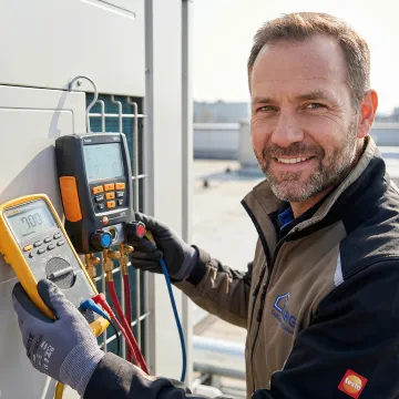 HVAC technician using diagnostic equipment on commercial air conditioning system