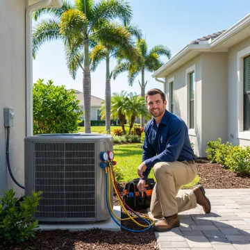 HVAC technician performing air conditioning maintenance on outdoor condenser unit