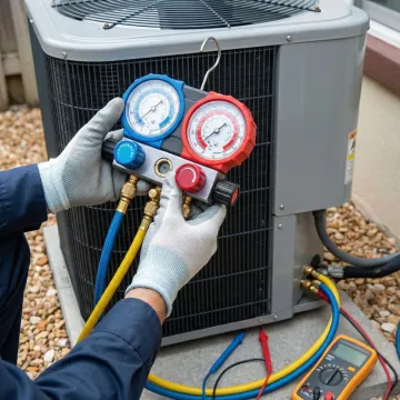 HVAC technician performing detailed AC system inspection and repair