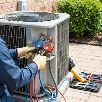 AC technician performing maintenance on residential cooling system