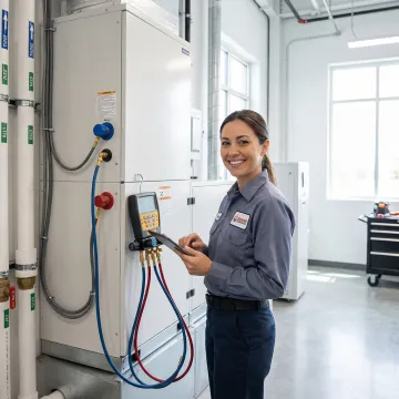 HVAC technician performing commercial air conditioner repair in business facility
