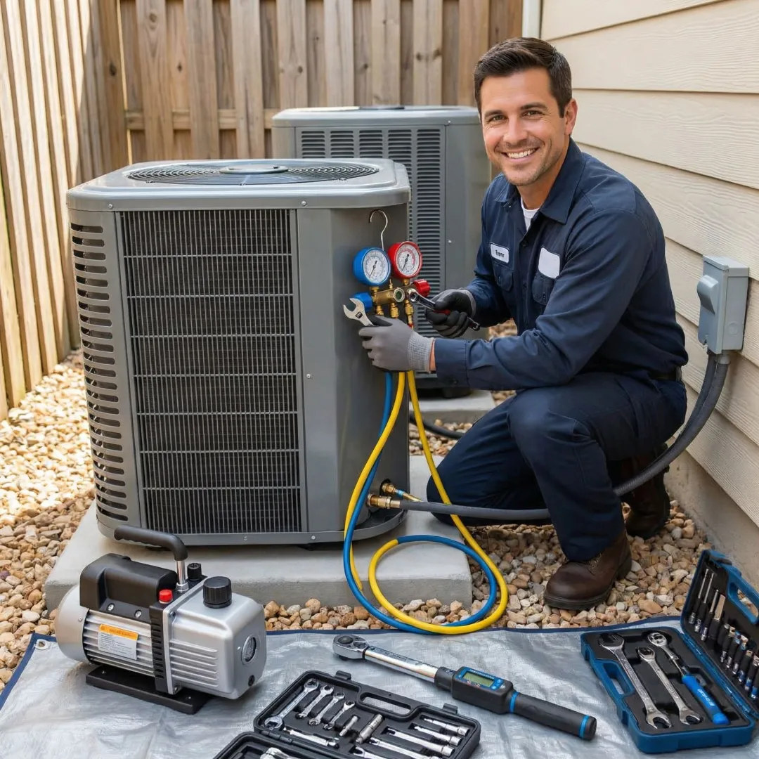HVAC technician performing professional AC installation with precision tools