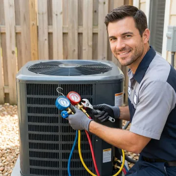 HVAC technician performing professional AC installation with diagnostic tools