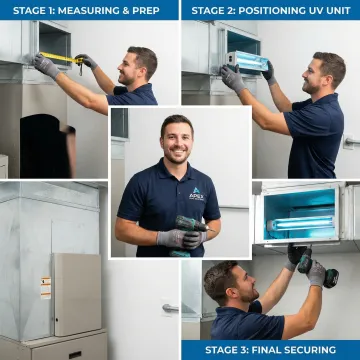 Step-by-step UV light installation process in residential HVAC system