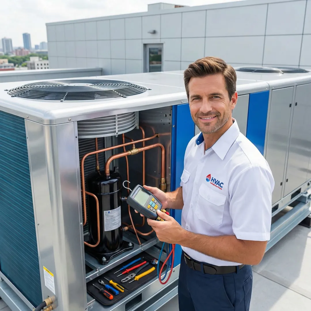 Technician performing detailed inspection of commercial AC system with diagnostic tools