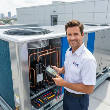 Technician performing detailed inspection of commercial AC system with diagnostic tools