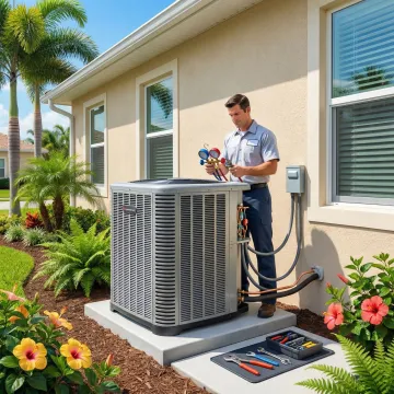 Professional AC installation technician installing a new air conditioning unit at a Westlake home