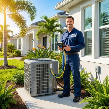 Certified AC technician diagnosing an air conditioning unit at a Westlake home