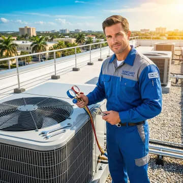 Commercial HVAC technician repairing a rooftop AC unit at a business in Loxahatchee, FL