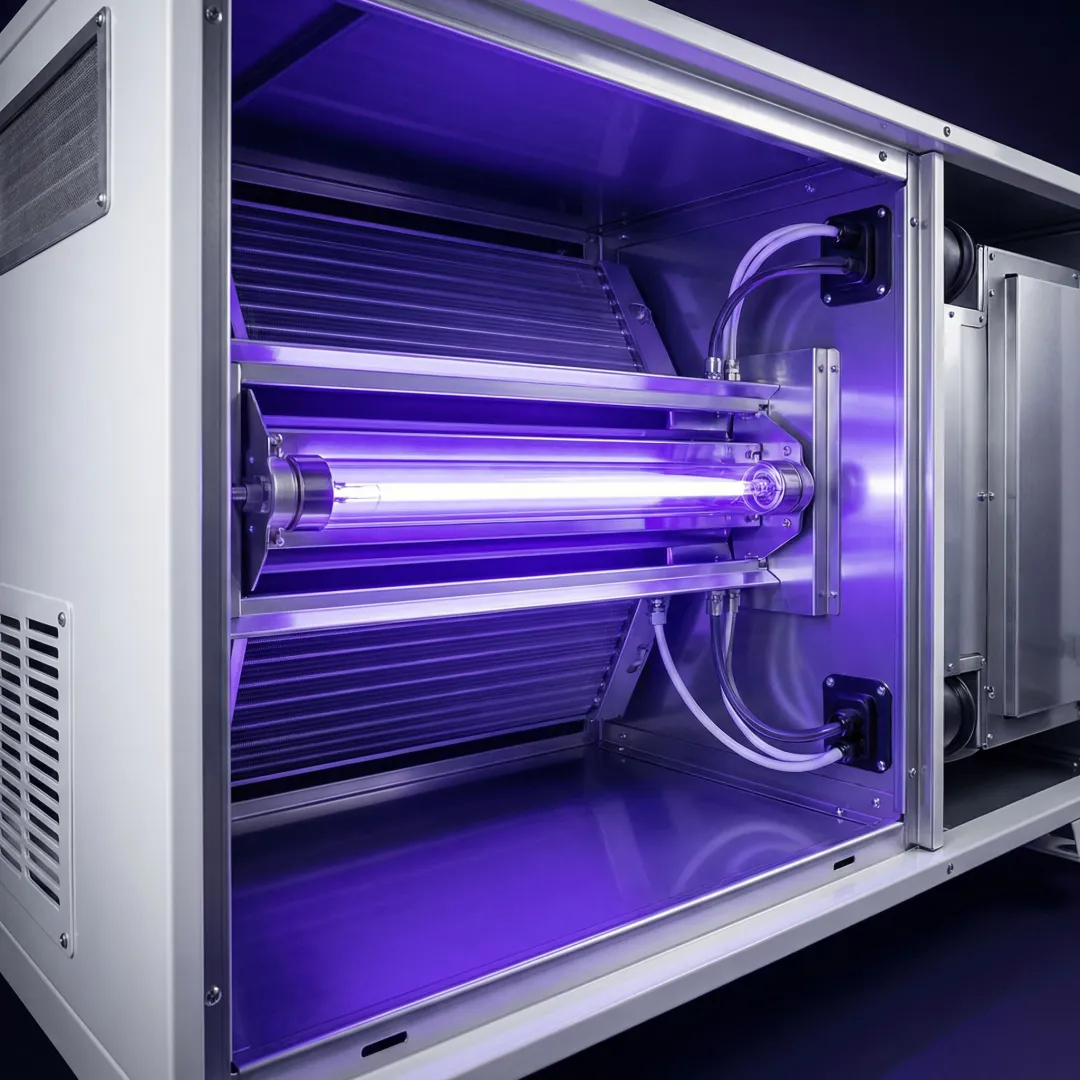 UV-C light glowing inside an air handler unit, eliminating mold and bacteria