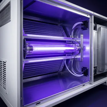 UV-C light glowing inside an air handler unit, eliminating mold and bacteria