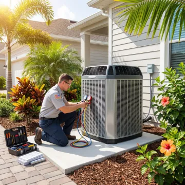 Professional AC installation technician installing a new air conditioning unit in a Greenacres home