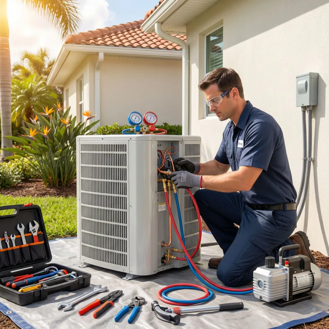 HVAC technician performing a professional AC system installation in a Florida home