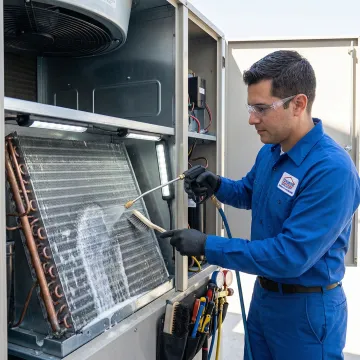 HVAC technician cleaning commercial air conditioning coils during a maintenance service visit