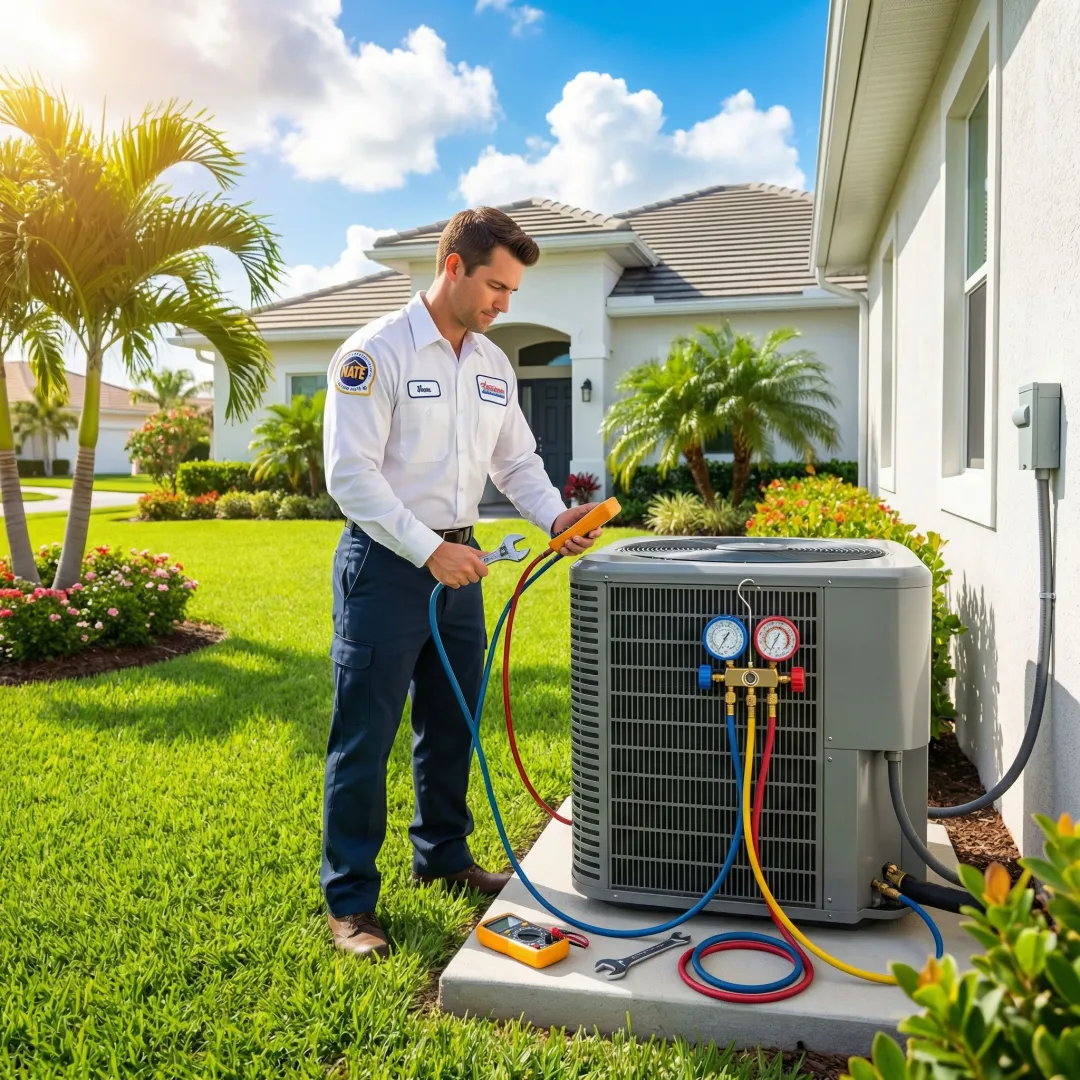 Certified AC technician performing a maintenance tune-up on a residential HVAC system in Florida