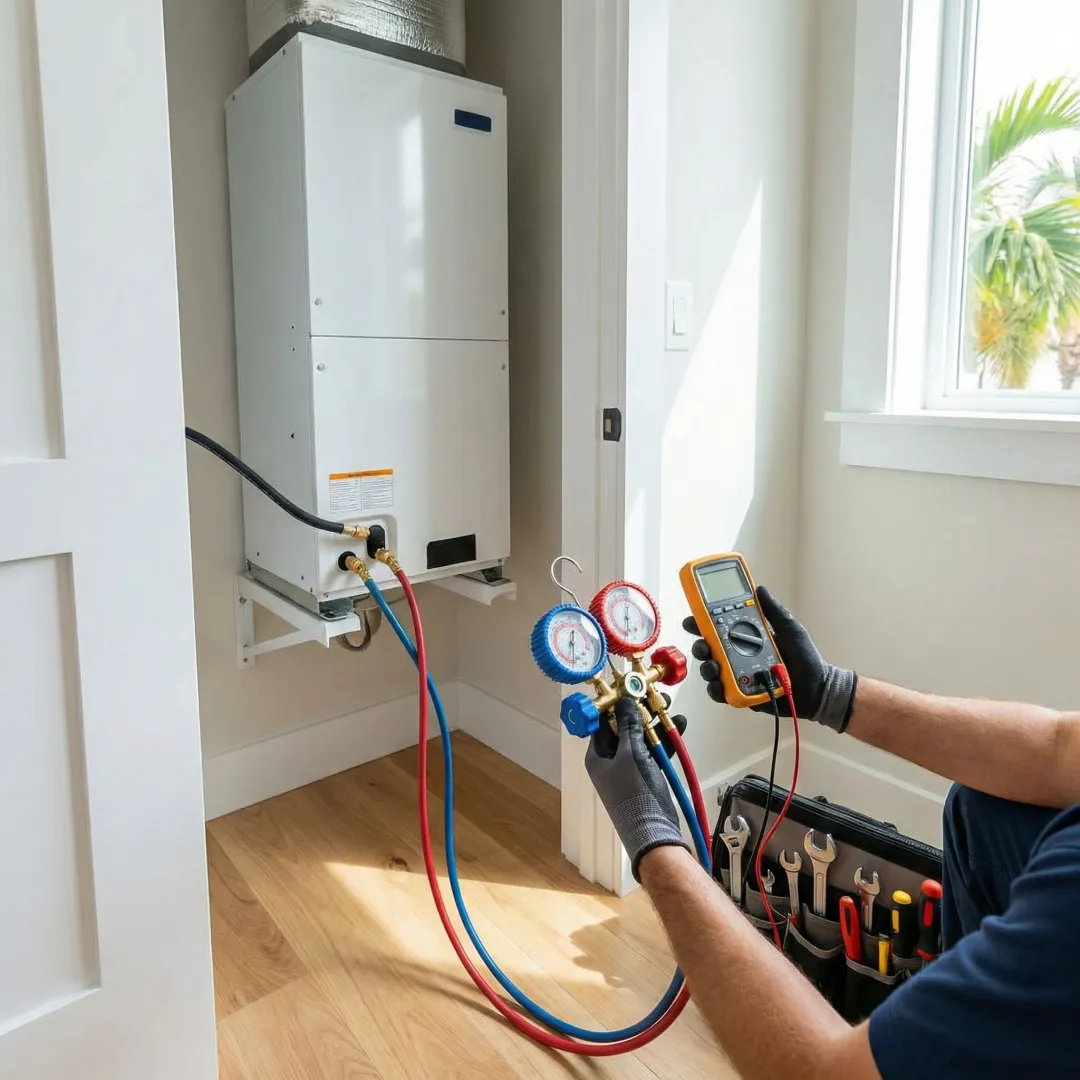 AC technician performing a detailed repair and inspection on a home air conditioning system