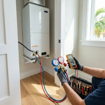 AC technician performing a detailed repair and inspection on a home air conditioning system