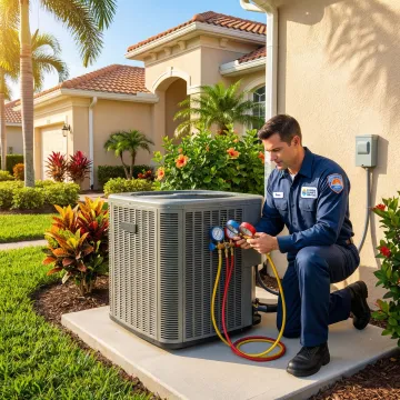 HVAC technician repairing an air conditioning unit at a home in Loxahatchee, Florida