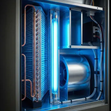 UV germicidal light glowing inside an air conditioning air handler unit