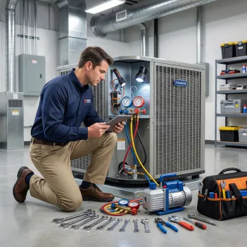 HVAC technician cleaning commercial air conditioning unit components inside a Florida office building