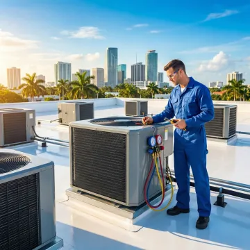 Commercial HVAC technician performing air conditioning maintenance on rooftop unit at a Westlake business