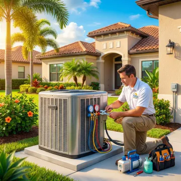 Professional AC installation technician setting up a new air conditioning unit in a Loxahatchee home