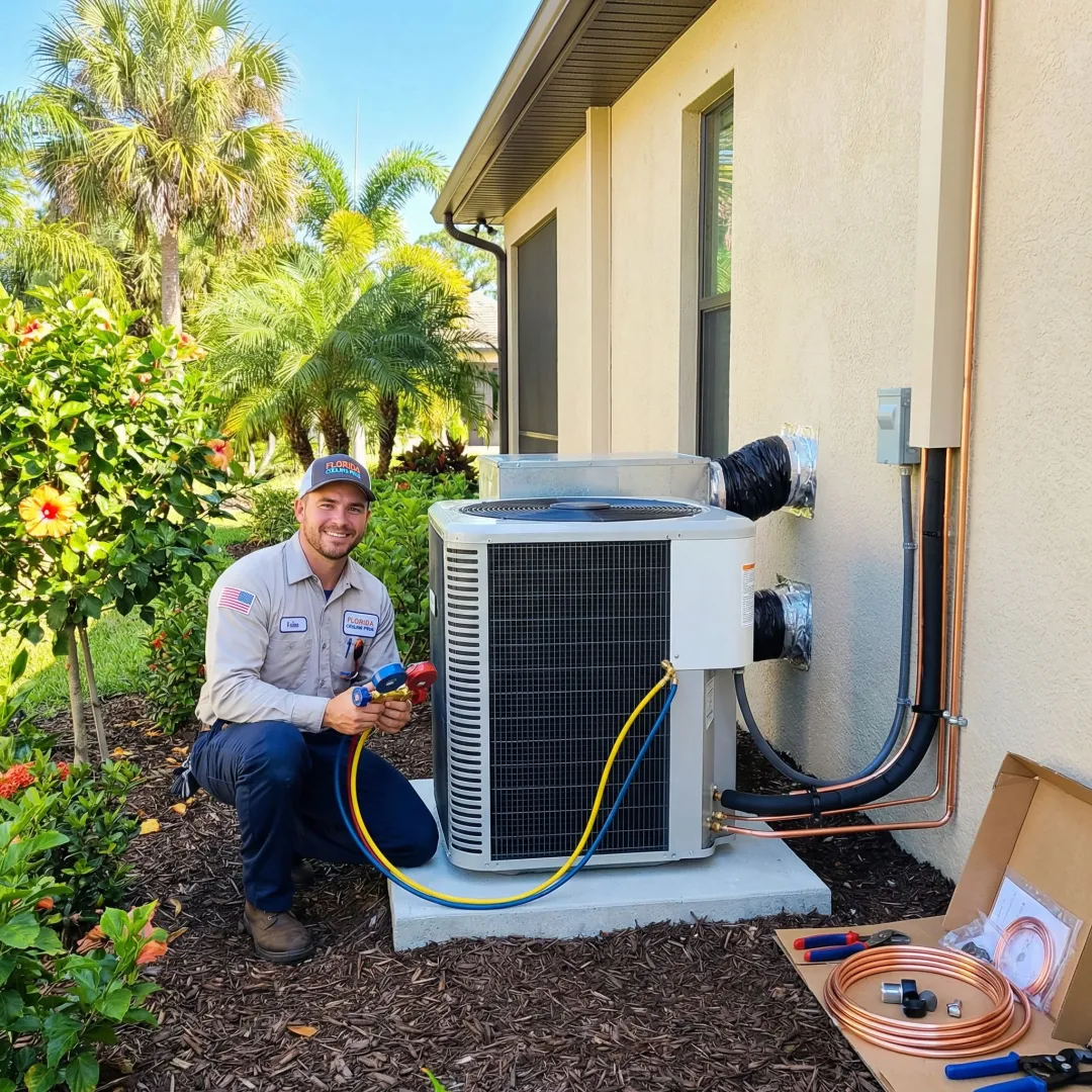 HVAC technician completing AC installation steps at a Florida residential property